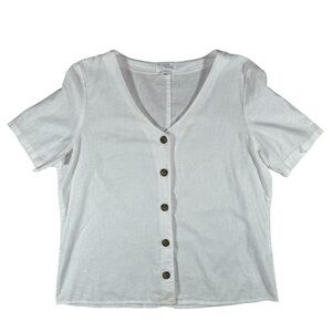 MORGAN TAYLOR White Linen Button Up Large Vacation Resort Casual boho beach Top